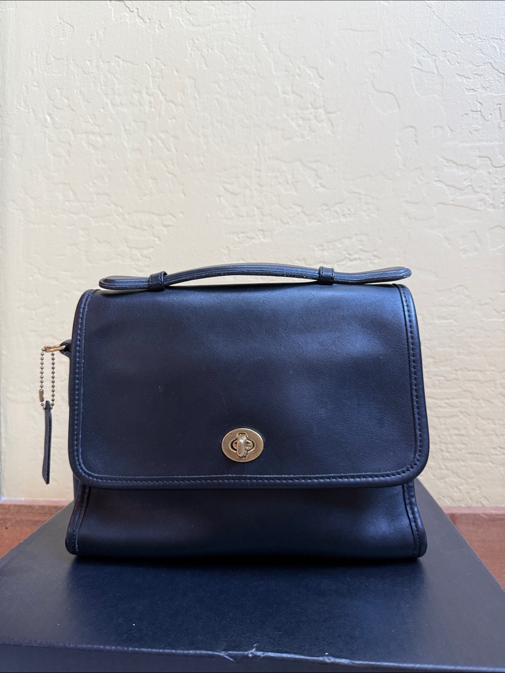 Coach Black Leather Top-Handle Satchel with Gold Turn-Lock